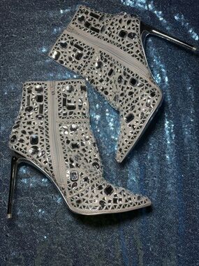 Steve Madden Silver Rhinestone Pointed-Toe Stiletto Ankle Boots